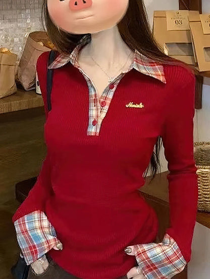 Preppy Polo Neck Plaid Long sleeve T shirt Women Fake Two-piece Basic Top V neck Button Blouses Tees Embroidery High-quality