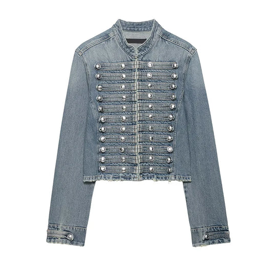 YENKYE Women's Cropped Denim Jacket Front Button Frayed Hem Stand Collar Streetwear Coat