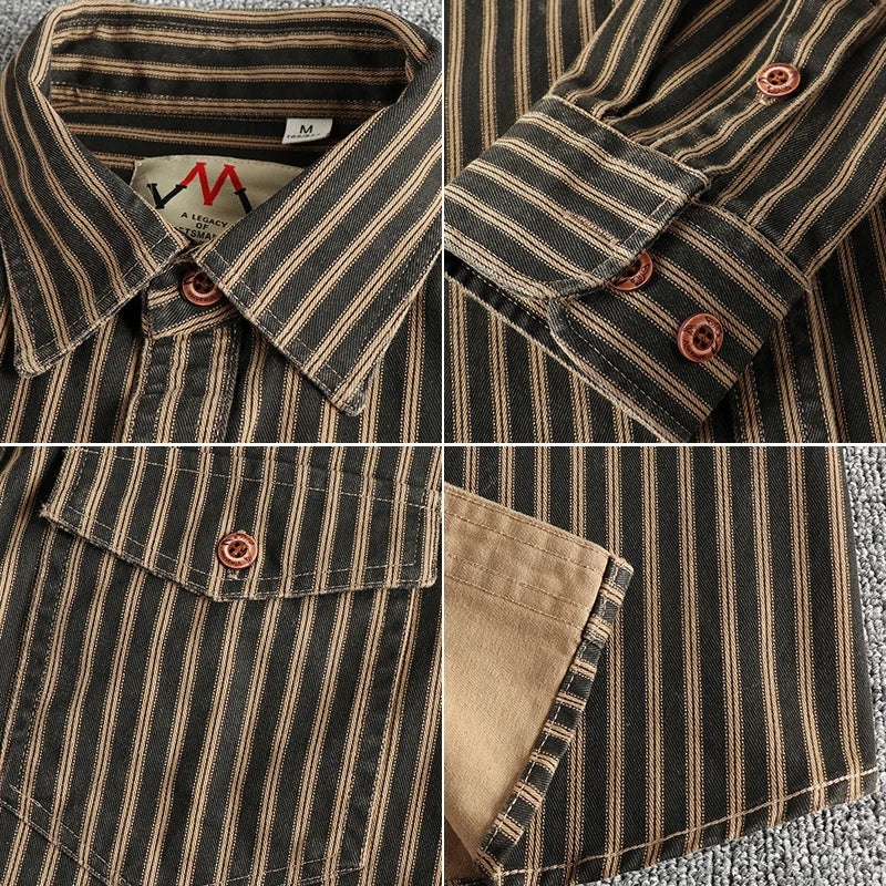 2025 Autumn and Winter New American Retro Stripe Long-Sleeve Lapel Shirt Men's Simple Fashion Washed Multi-Pocket