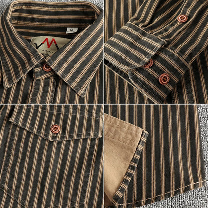2025 Autumn and Winter New American Retro Stripe Long-Sleeve Lapel Shirt Men's Simple Fashion Washed Multi-Pocket