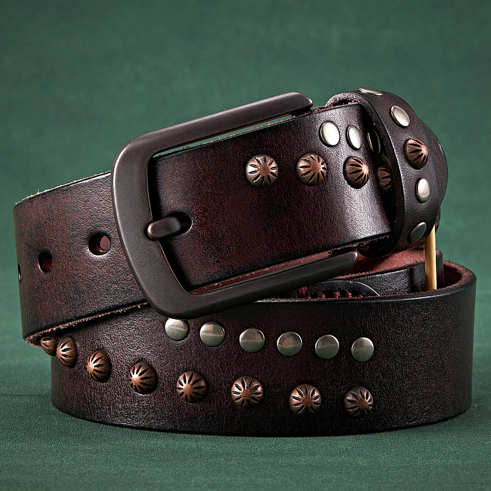3.8CM Real Cowskin Genuine Leather Belt Retro Skull Punk Rivet Belt For Man Cowboy Male Designer Exclusive Strap For Jeans