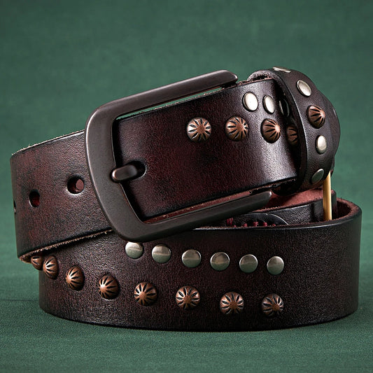 3.8CM Real Cowskin Genuine Leather Belt Retro Skull Punk Rivet Belt For Man Cowboy Male Designer Exclusive Strap For Jeans