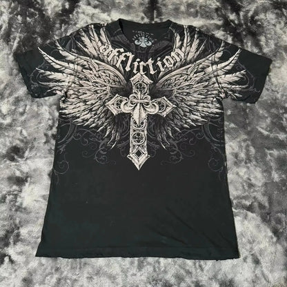2000s American Skull Pattern Long sleeved T shirt Fashion Round Neck Oversized T shirt New Mens Casual Gothic Clothing Tops