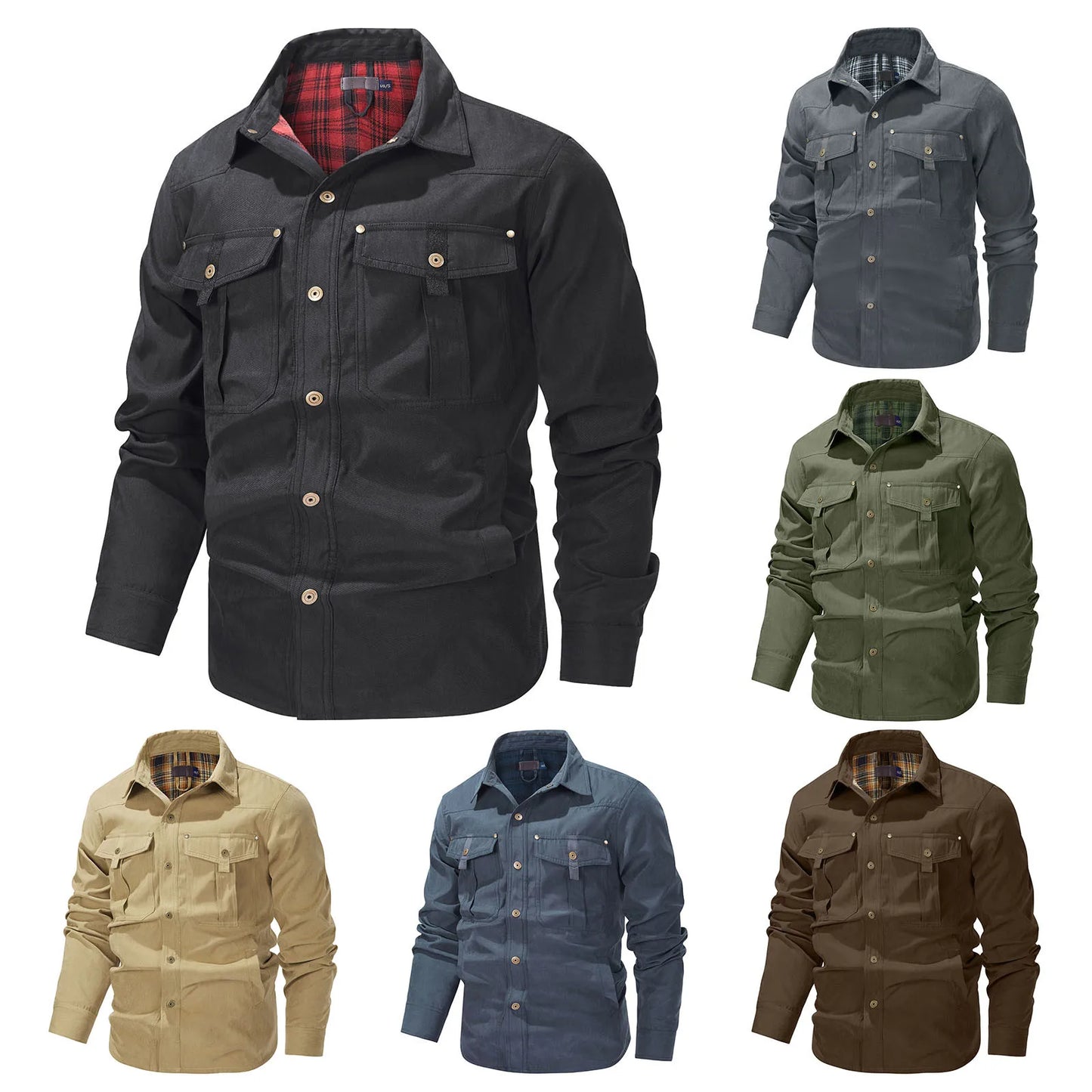 Men's Plus Size Lapel Plaid Flannel Casual Jacket Winter Warm Thickened Solid Color Jacket