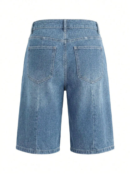 GLOURI Women Patchwork Denim Shorts High Waist Multi-Pocket Bermuda Jean Shorts Casual Streetwear