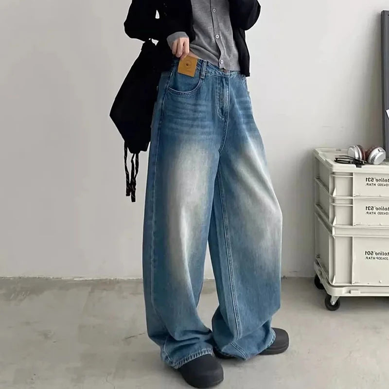 Female Classic Retro High Waist Baggy Jeans Women Korean Daily Straight Leg Denim Trousers Girls Comfortable Long Pants