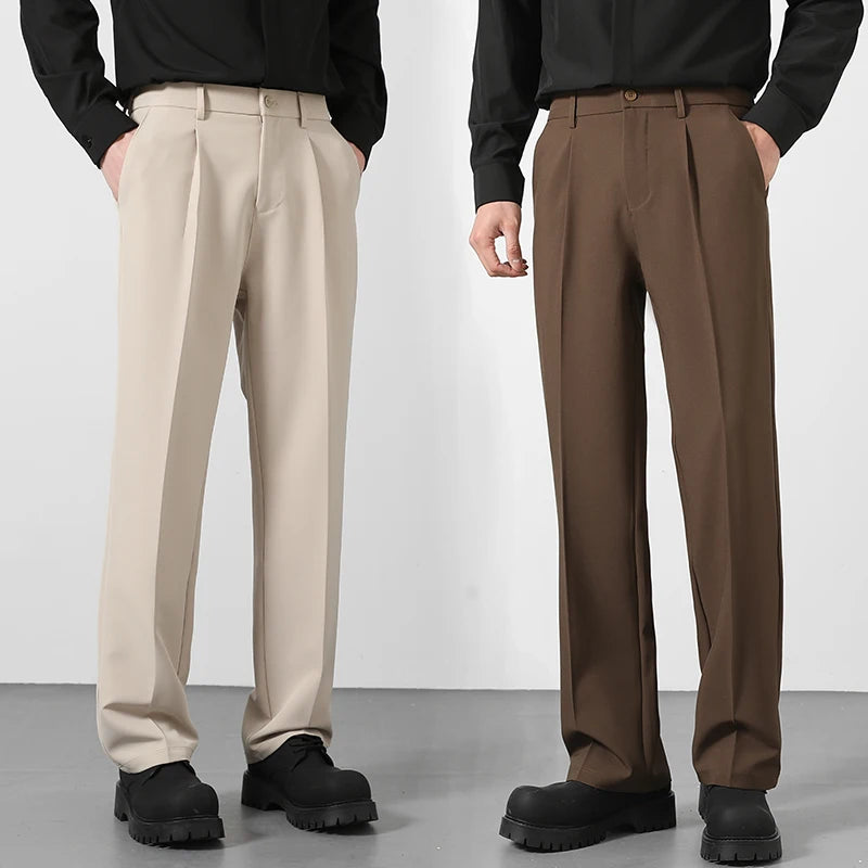 2025 Men's Loose Suit Pants Classic Straight Solid Color Drape Elastic Business Office Worker Casual Trousers Brown Khaki Gray