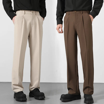 2025 Men's Loose Suit Pants Classic Straight Solid Color Drape Elastic Business Office Worker Casual Trousers Brown Khaki Gray