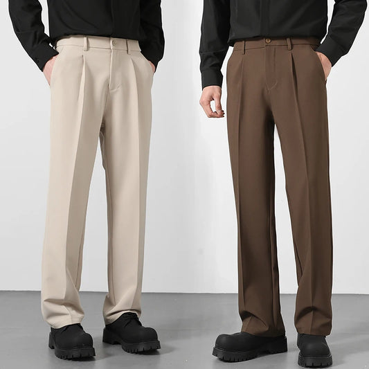 2025 Men's Loose Suit Pants Classic Straight Solid Color Drape Elastic Business Office Worker Casual Trousers Brown Khaki Gray