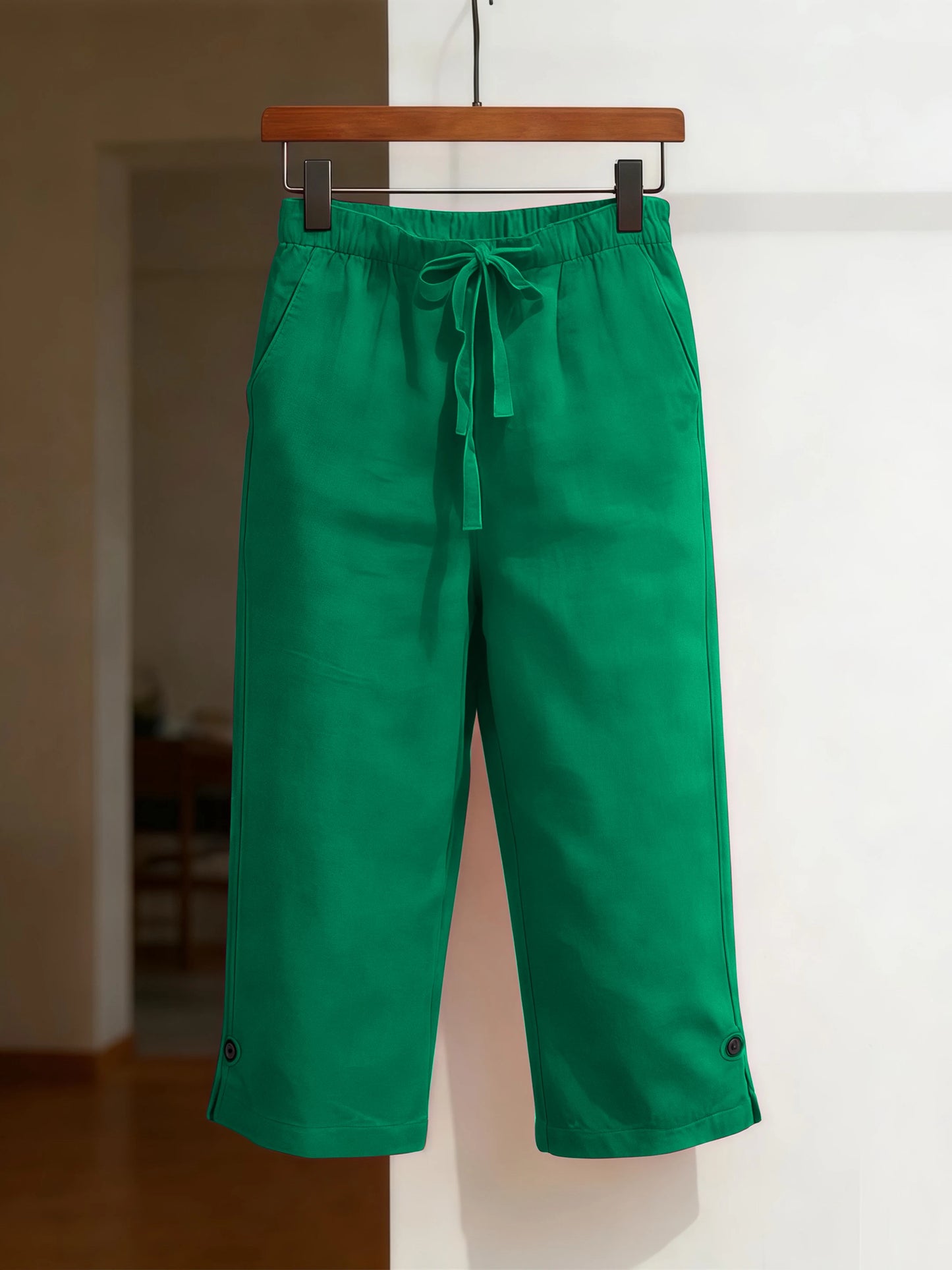 Women's Solid Color Cotton Linen Loose Fit Capri Pants with Belt and Multiple Pockets Front and Back
