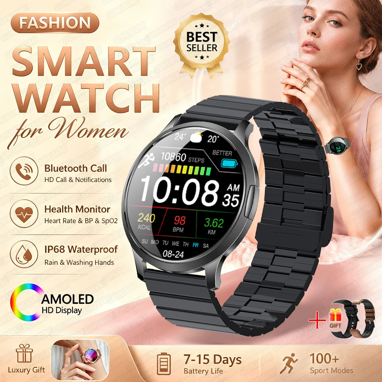 Fashion Women Smart Watch 1.32”AMOLED 100+dials Heart Rate Blood Oxygen Blood Pressure Monitoring Waterproof Give a Gift 2026New