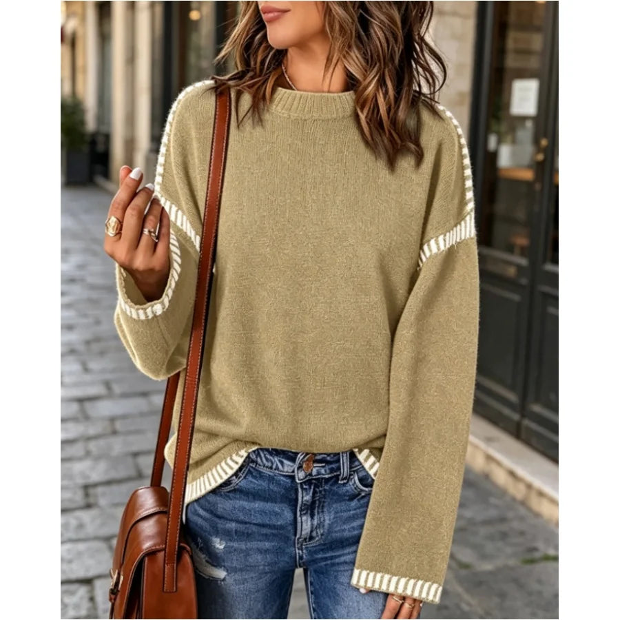 Sweaters For Women Fashion Solid Crewneck Pullover Loose Fit Long Sleeve Contrast Cable Knit Sweater Jumper Top