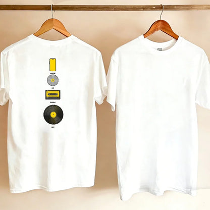 Music Evolution Media Vertical Graphic T-Shirt Men Back Print Cotton Short Sleeve Vinyl Cassette CD Phone Nostalgia Casual Tee