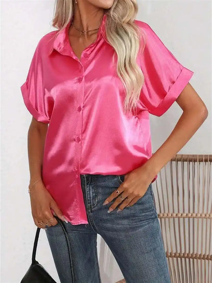 Elegant Turn-Down Collar Button Front Faux Silk Short Sleeve Blouse For Women