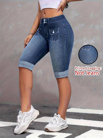 Women's Faux Denim Print Capri Leggings, Non-Denim Soft Skinny Yoga Pants