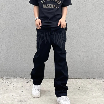 2024 New American Style Embroidered Letters Black Loose Jeans for Men Retro Street Hip Hop Y2K Men's Straight Denim Trousers