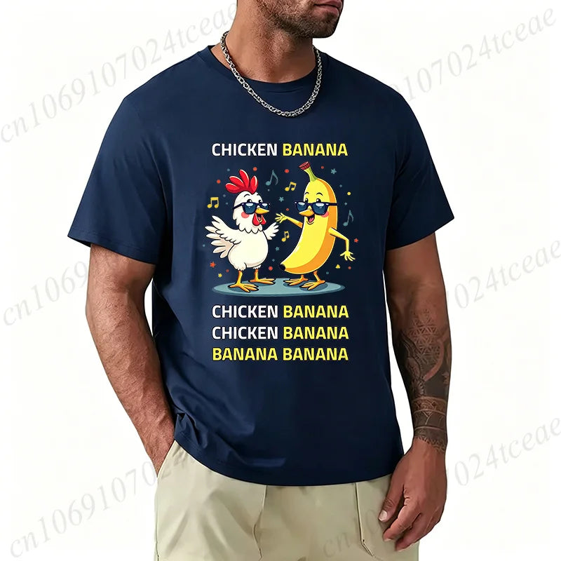 Unisex Chicken Banana Meme T Shirt Funny Cartoon Chicken Banana with Sunglasses Graphic Tee Music Short Sleeve Oversized Tops