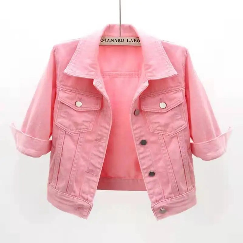 Women's Denim Jacket Spring Autumn Short Coat Pink Jean Jackets Casual Tops Purple Yellow Purple Blue Loose Tops Lady Outerwear