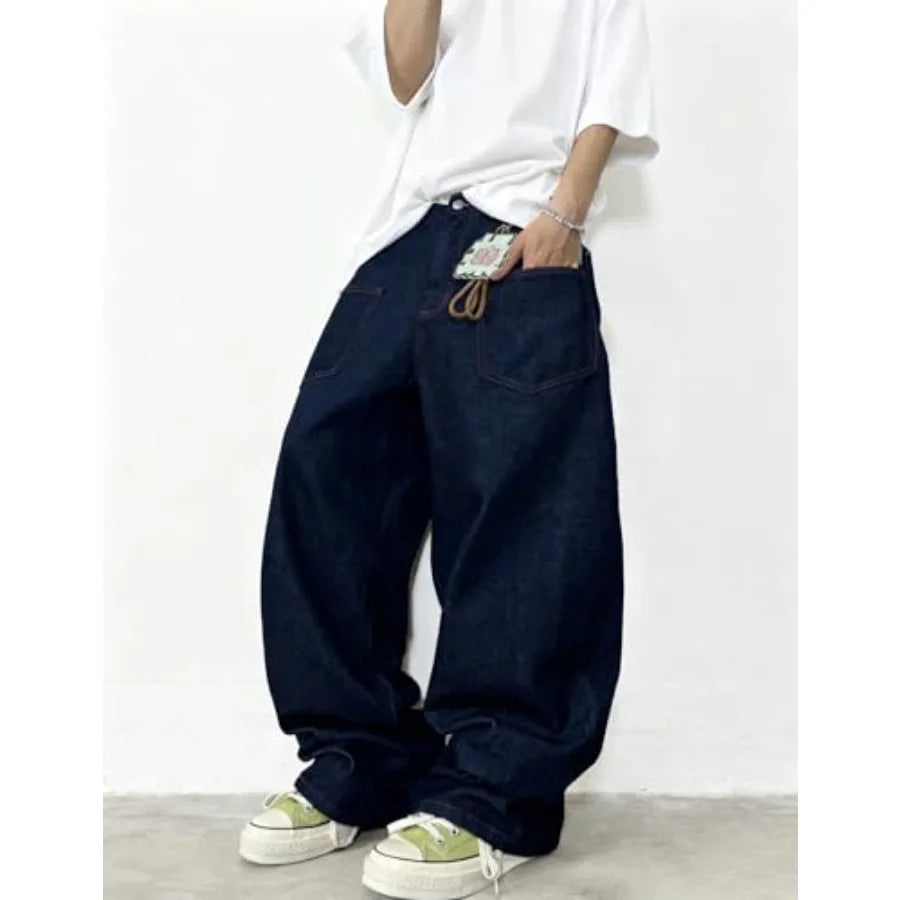 Mens Baggy Jeans Embroidery Pattern Denim Trousers Wide Leg Denim Pant Loose Fit Skater Jeans Streetwear Clothing