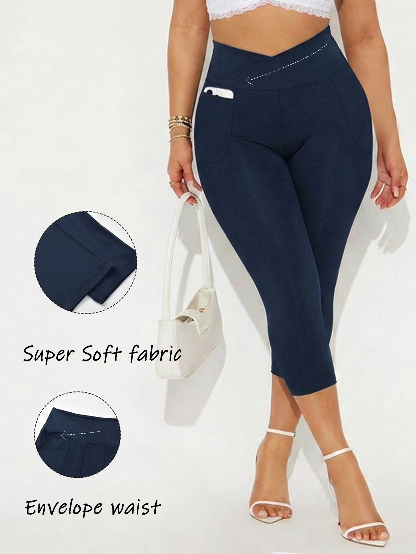 Women's Super Soft Crossover High Waisted Capri Pants With Pockets Tummy Control No See Through Workout Yoga Running Leggings