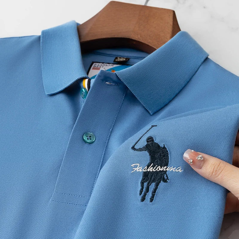 Luxury Embroidery Men's Polo Shirt Summer Thin Breathable 100%Cotton Black Navy Blue Lapel Short-Sleeved Tops Brand Clothing