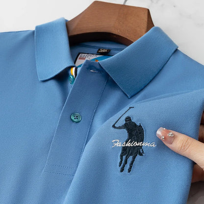 Luxury Embroidery Men's Polo Shirt Summer Thin Breathable 100%Cotton Black Navy Blue Lapel Short-Sleeved Tops Brand Clothing