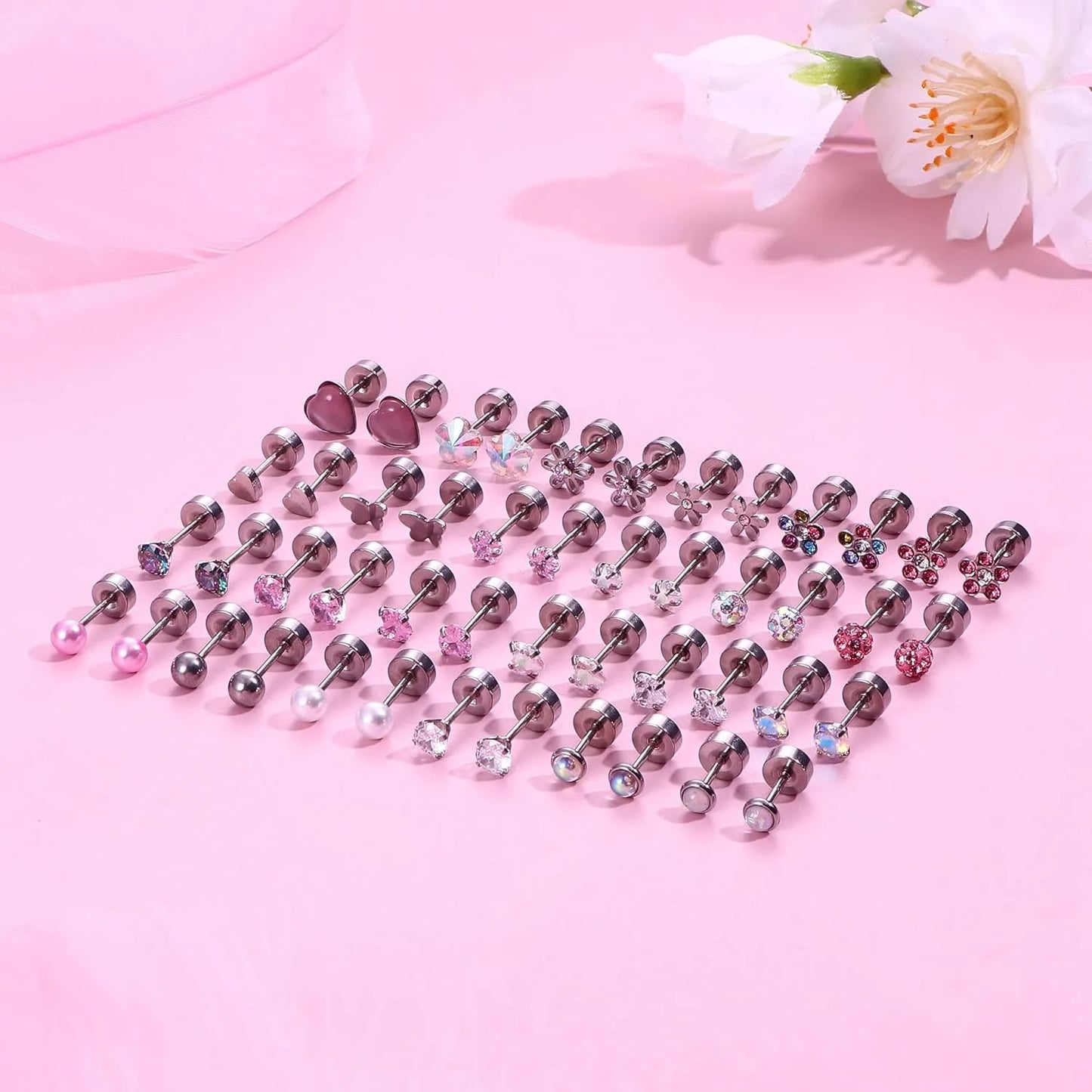 24Pairs Stainless Steel Stud Earrings for Women CZ Screw Back 4mm Tiny Flat Back Studs Cute Dainty Jewelry Gift Set 16G 18G