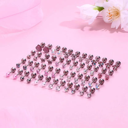 24Pairs Stainless Steel Stud Earrings for Women CZ Screw Back 4mm Tiny Flat Back Studs Cute Dainty Jewelry Gift Set 16G 18G