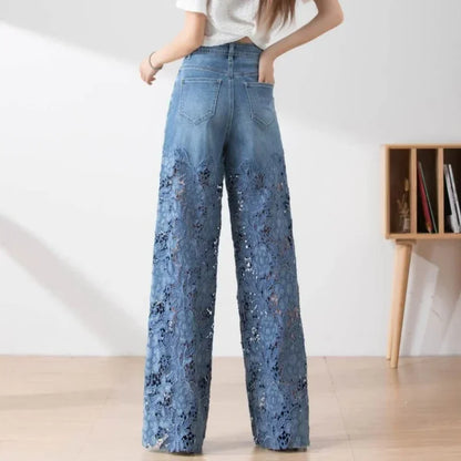 New Fashion Vintage Hollow Out Lace Flowers Lady Jeans Loose Straight Denim Pants High Street Elegant Summer Trousers Chic Pant