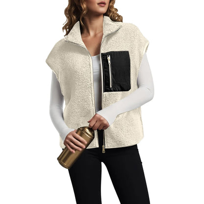 Women's Fleece Vests Sleeveless Jackets Casual Warm Cardigan Sweatshirts With Front Zipper Pockets Stand Collar Simple Outerwear