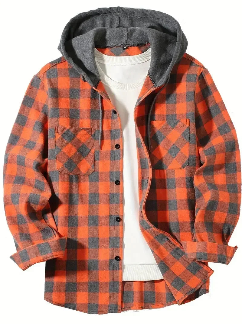 2026 Men's Flannel Shirt Jackets Classic Plaid Loose Casual Hooded Coats Double Pockets Button-up