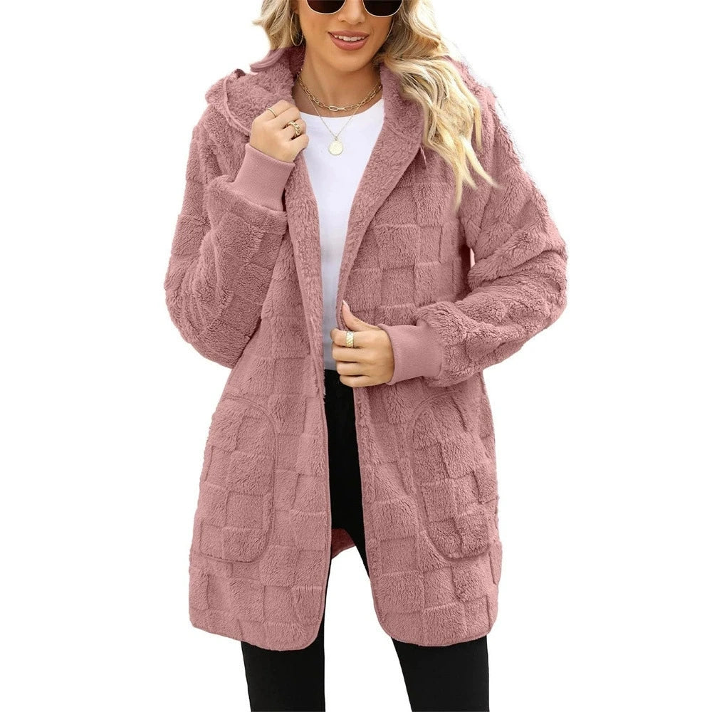 Autumn Winter Women Hooded Plush Velvet Jacket cardigan coats Oversized