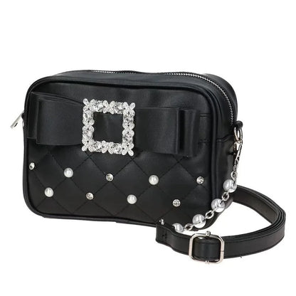 Sweet Knot Pearl Oulder Crossbody Bag Diamond Id Pattern Small Square Bag Faionable for Young Women Pearl Shoulder Rhinestones
