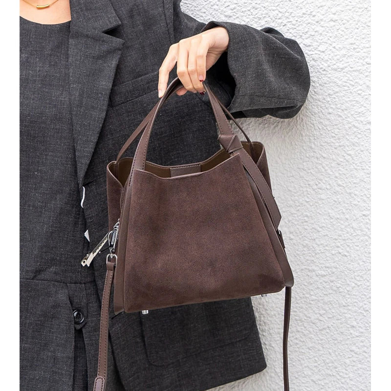 HIFASHION Luxury Genuine Leather Suede Bucket Bag For Women Vintage Top Handle Handbags Office Work Shoulder Crossbody Purses