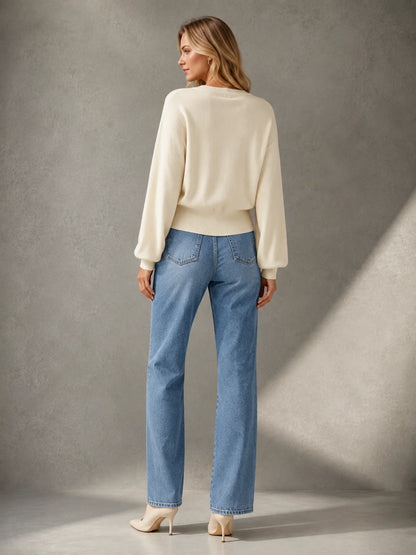 Batwing Sleeve V‑Neck Sweater for Women, Dolman Long Sleeve Ribbed Hem Cropped Knit Pullover, Loose Fit Casual Soft Knitted Jumper for Daily Office Fall Winter
