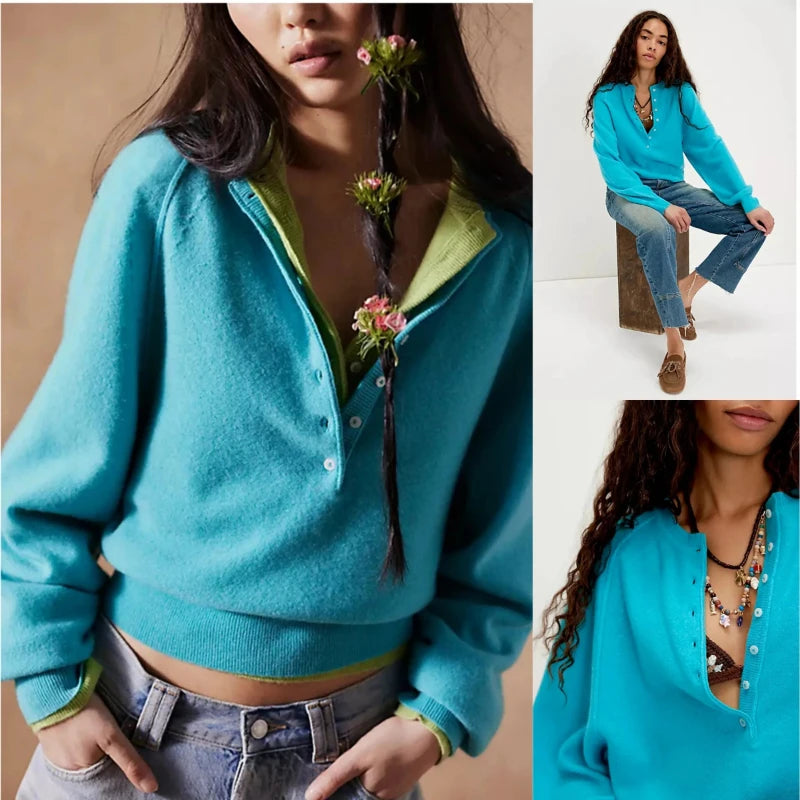 Women's Long-Sleeve Knitted Sweater, Half-Button Design, Henley Collar, Casual Style, lightweight Material, Solid Color Pullover Knitwear.