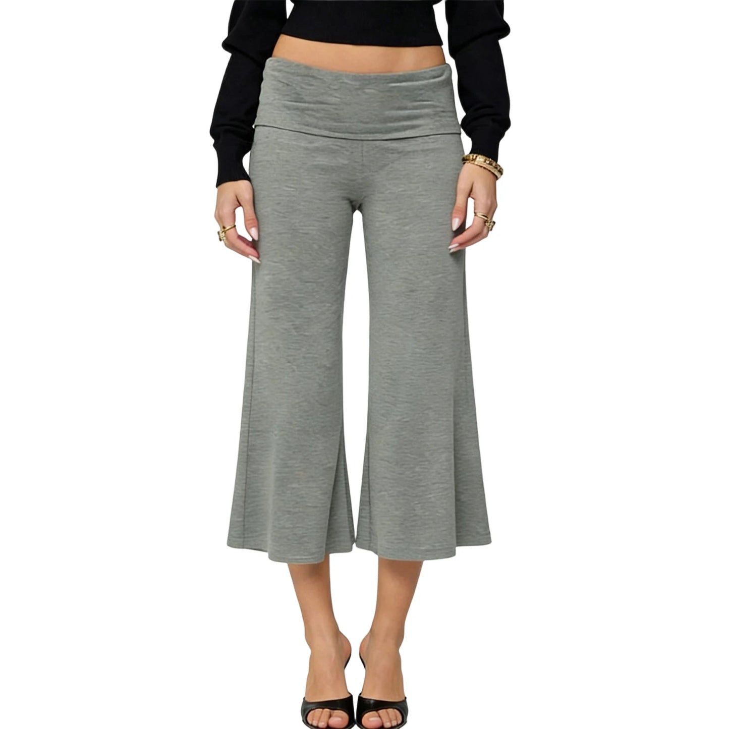 Women Vintage Fold Over Waist Gaucho Pants Low Rise Cropped Wide Leg Capri Pants y2k Foldover Culottes Yoga Pants Pajama Bottoms
