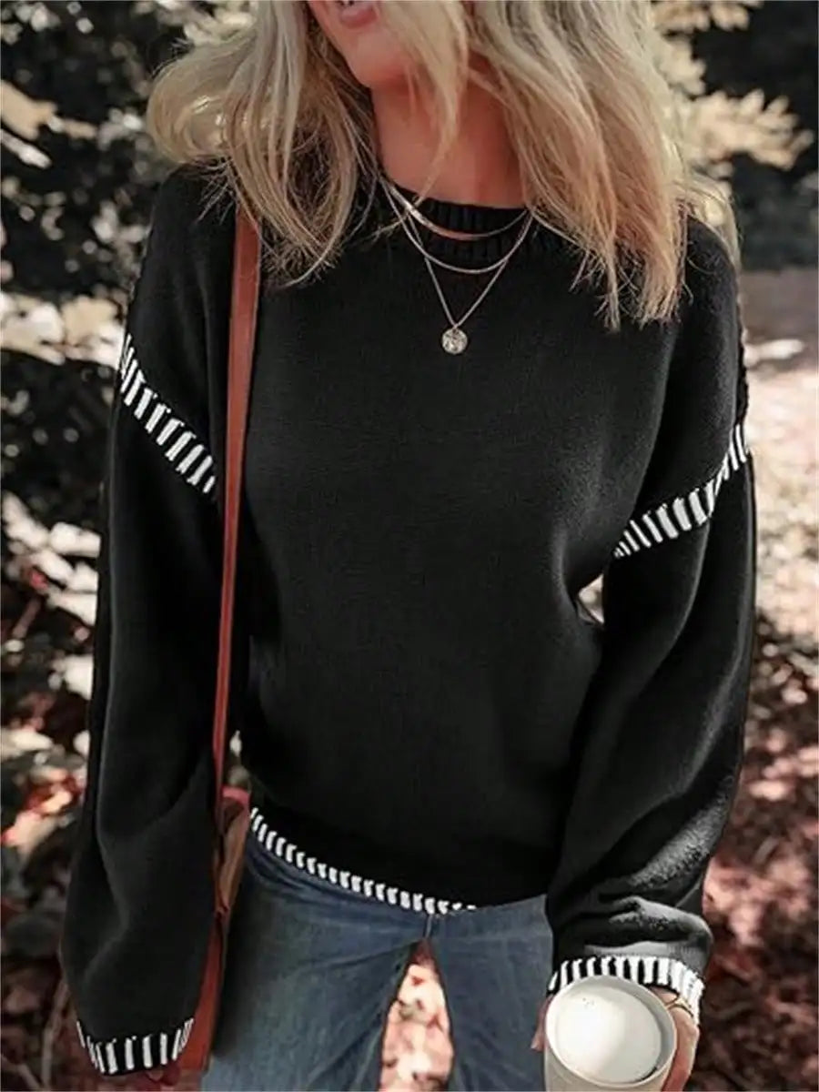 Sweaters For Women Fashion Solid Crewneck Pullover Loose Fit Long Sleeve Contrast Cable Knit Sweater Jumper Top