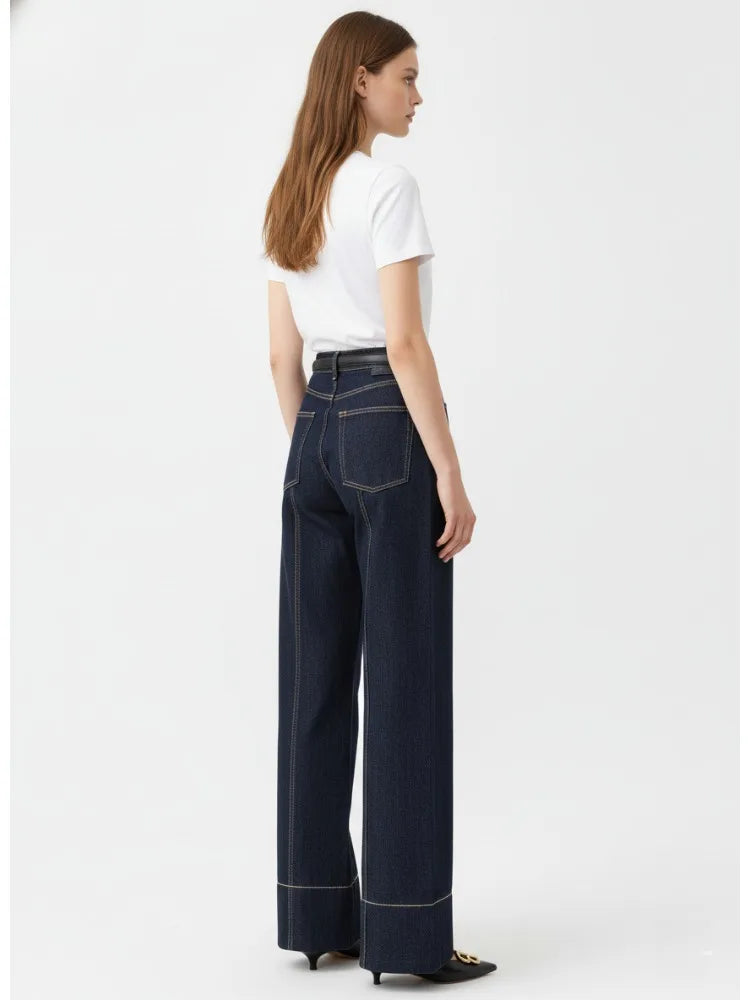 Missuoo 2026 Summer Women's Trendy Wide Leg Jeans Dark Blue High Waist Center Pleated Denim Pants with Contrast Stitching