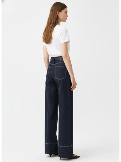 Missuoo 2026 Summer Women's Trendy Wide Leg Jeans Dark Blue High Waist Center Pleated Denim Pants with Contrast Stitching