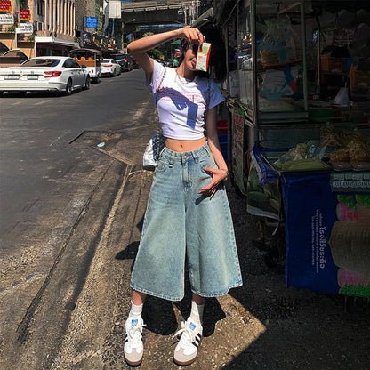 Summer American Style Vintage Women Baggy Jeans Y2k Loose Washed High Waist Knee Length Denim Pants Streetwear Wide Leg Shorts