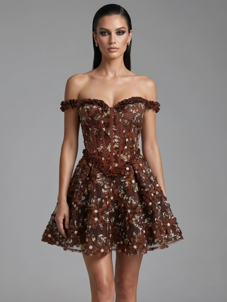 Sexy Off The Shoulder Floral Embroidery Mini Dress Women Ruffles Sleeveless Backless Flowers A-line Dresses Evening Party Gowns