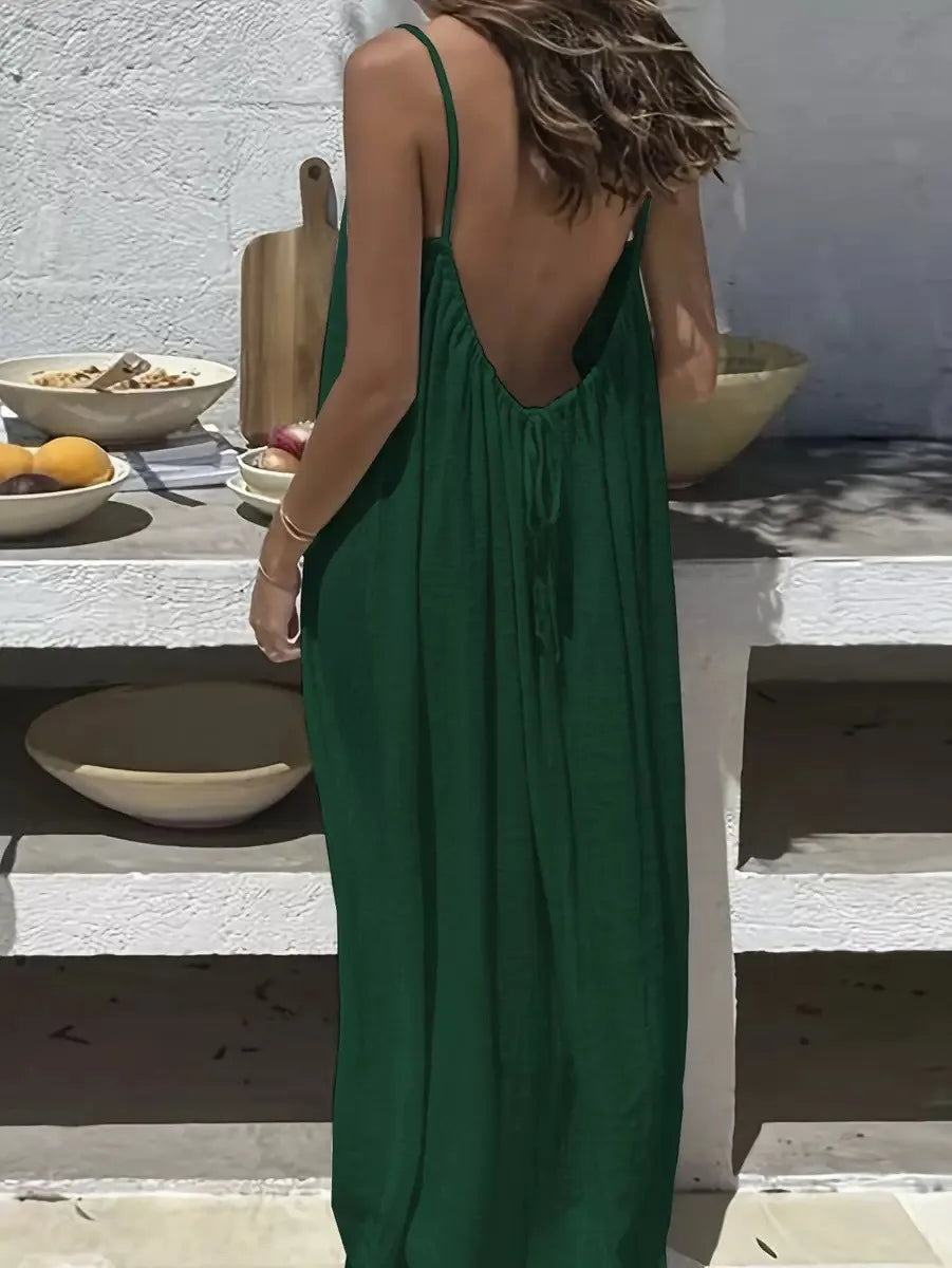 Women's 2026 Summer Ice Silk Crepe Maxi Dress, Solid Color Backless Ruched Spaghetti Strap Casual Long Dress for Beach Vacation