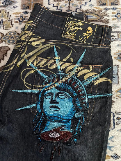 2000s Vintage Statue of liberty Diamonds Jeans Casual Denim Pants High Waist Straight Wide Leg Jeans
