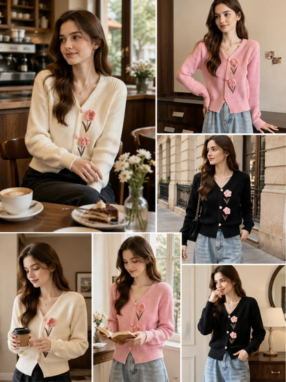 3D Crochet Floral V Neck Knit Cardigan for Women, Long Sleeve Heart Button Cropped Sweater Coat, Sweet Cute Knitwear for Fall Daily Casual Outfit