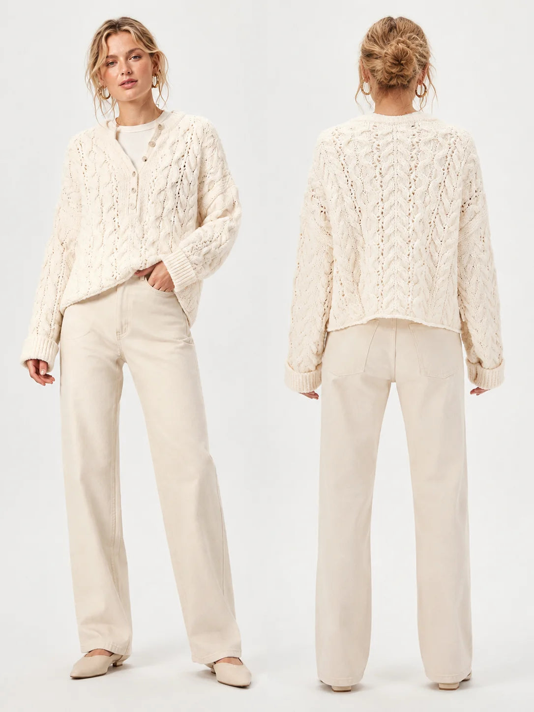 Oversized Chunky Cable Knit Henley Sweater for Women, Half Button V‑Neck Cropped Long Sleeve Pullover, Loose Casual Textured Knit Jumper