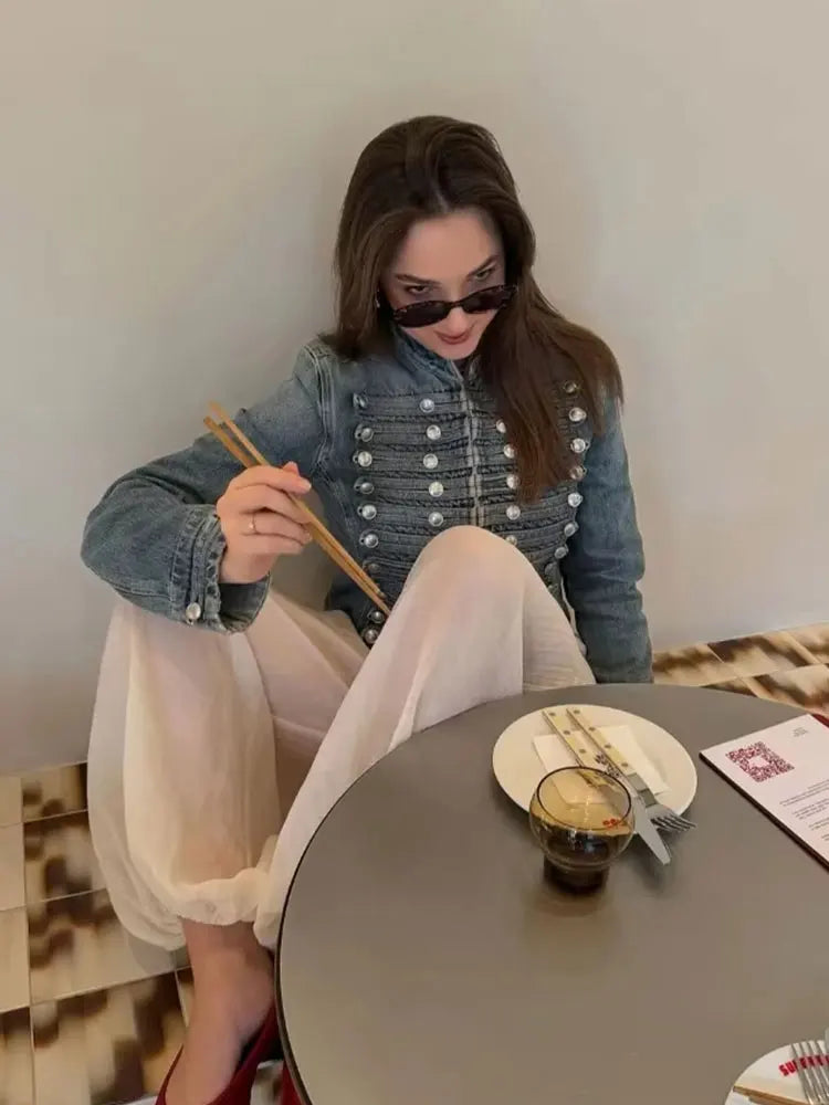 HH Women Fashion Denim Jacket Front Metal Button Decoration Coat Long Sleeve Slim Jacket Elegant Woman High Street Denim Outwear