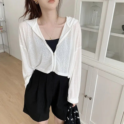 Rimocy Solid Color Thin Hooded Cardigan Women 2024 Summer Zipper Up Crop Tops Woman All Match Long Sleeve Cropped Jacket Ladies