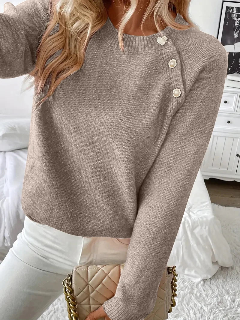 Women Asymmetrical Gold Button Crew Neck Knit Sweater, Soft Solid Long Sleeve Casual Pullover Jumper For Spring Autumn Daily Wear