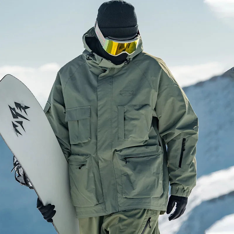 Unisex American Cargo Ski Jacket Loose Multi-Pocket Snow Coat Windproof Waterproof Warm Hooded Snowboard Jacket Men Women Skiing